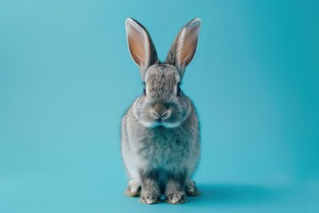 Obraz premium Gray rabbit standing on blue background cute movement