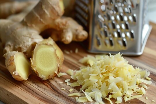 Grated ginger on a cutting board - Powered by Adobe