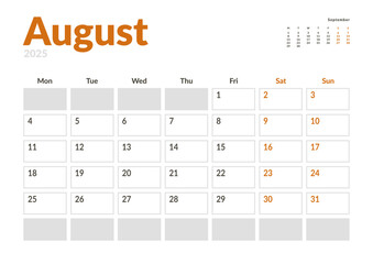 Monthly page Calendar Planner Template of August 2025 with a small preview on next moth. Vector layout of calendar with week start Monday for Scheduling. Page for size A4 or 21x29.7 cm