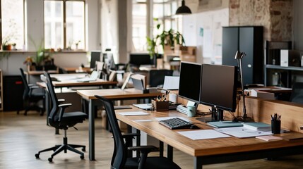 Fototapeta premium A well-organized office with desks arranged in rows, each equipped with a computer and neatly arranged documents
