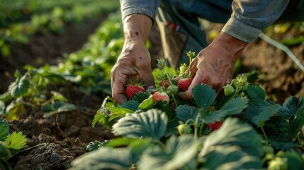 Fototapeta premium Hands of a famer working on strawberry plant with fruit in plantation farm field