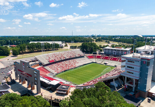 Raleigh, NC, USA - 08/18/2024: Sunny Daytime Drone Images of North Carolina State University Carter Finley NCAA Football Stadium