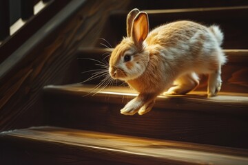 Obraz premium Rabbit running up stairs in 2023 New Year card concept