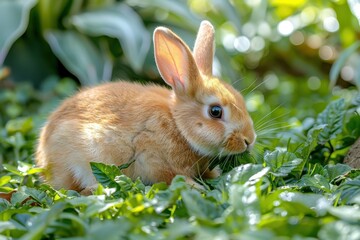 Fototapeta premium Red eared rabbit eating leaves on grass in summer Easter celebration bunny in garden Beautiful fluffy pet brings joy in spring