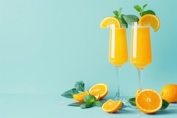 Traditional summer mimosa cocktail with orange juice on a light blue background for a summer bar menu concept with space for copy