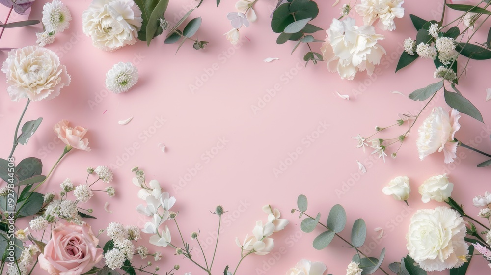 Poster delicate white and pastel flowers are artfully arranged on a soft pink background, creating a serene