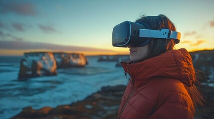 Woman Using VR Headset at Sunset