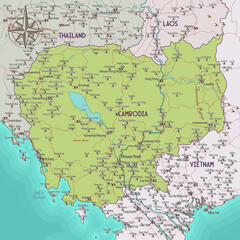 Map of Cambodia vintage fantasy style