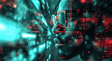 A man with glasses is looking at the camera in a blurry, colorful background. The image has a futuristic, abstract feel to it, with the man's face and glasses as the main focus