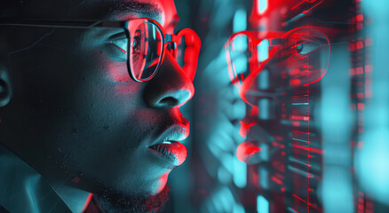 A man with glasses is looking at the camera in a blurry, colorful background. The image has a futuristic, abstract feel to it, with the man's face and glasses as the main focus