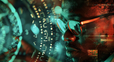 A man with glasses is looking at the camera in a blurry, colorful background. The image has a futuristic, abstract feel to it, with the man's face and glasses as the main focus