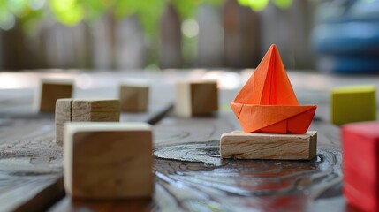 Navigating obstacles with origami boat through wooden cubes in professional and academic settings