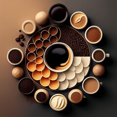 Obraz premium Various types of coffee with different flavors. Top view of Unique Coffee varieties. dark background.