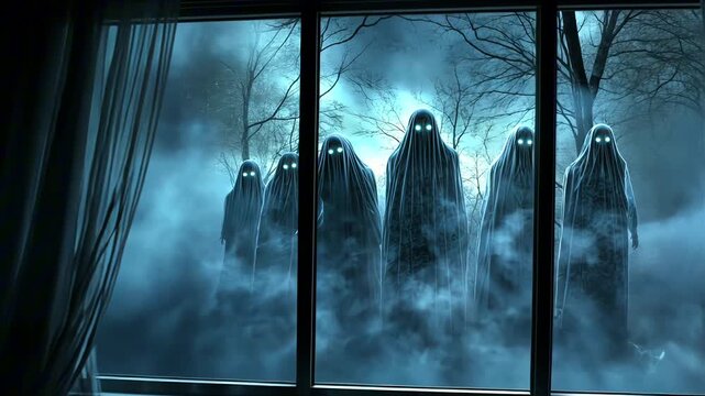 A window with four ghosts on the outside and a foggy atmosphere