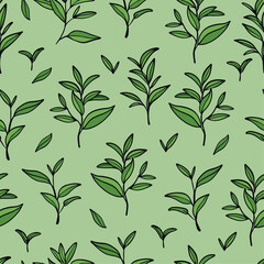 Tea leaves on green backgrounds. Hand drawn brunches and leaves seamless pattern.