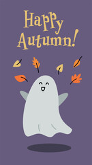 Ghost plays with autumn leaves. Happy fall illustration. Halloween illustration. Spooky season.