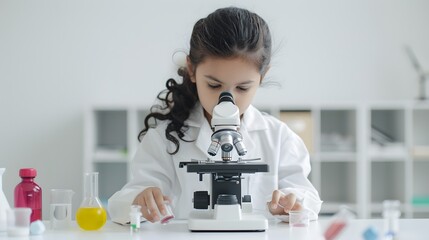 girl  in a lab coat and safety goggles conducting an experiment with glassware in a science classroom