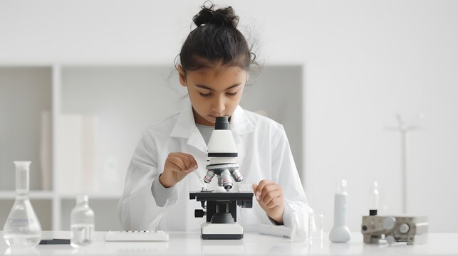 girl  in a lab coat and safety goggles conducting an experiment with glassware in a science classroom - Powered by Adobe