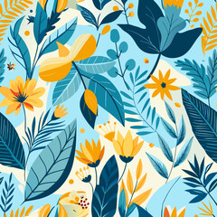 Seamless floral pattern design soft color plants leaves