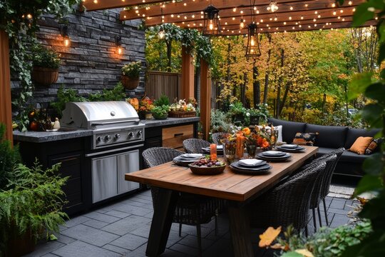 Trendy outdoor kitchen decorated for fall with warm lighting and autumnal elements