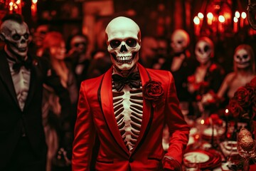Obraz premium Skeleton man in a dapper red suit celebrates his birthday with famous monsters at a spooky party