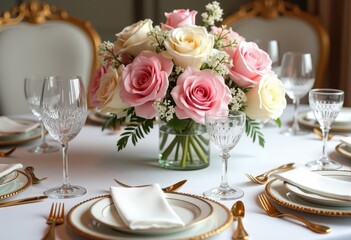Fototapeta premium Elegant formal table setting with pink and white floral arrangement