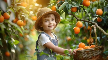 A cute child with basket and fresh orange fruit in plantation farm field