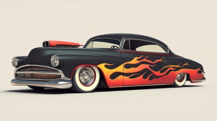 1950s vintage hot rod, 3D modeling with flames on the side, flat design illustration