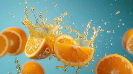 Fresh orange fruit with water splash closeup view