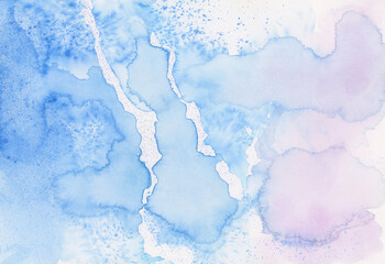 Ink watercolor hand drawn smoke flow stain blot on wet paper texture background. Blue Pastel colors.