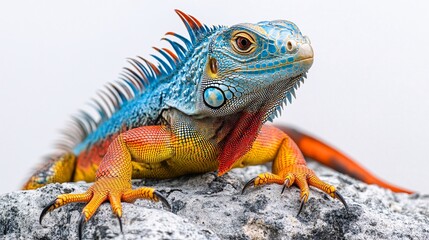 Obraz premium Vibrant Iguana Relaxing on Rock in Lush Rainforest Setting with White Background Copy Space