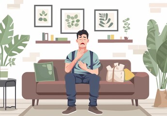 Man in Olive Shirt on Couch Suffering from Illness and Chest Pain.