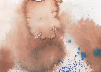 Fototapeta premium Ink watercolor hand drawn smoke flow stain blot on wet paper texture background. Beige Brown Pastel colors.
