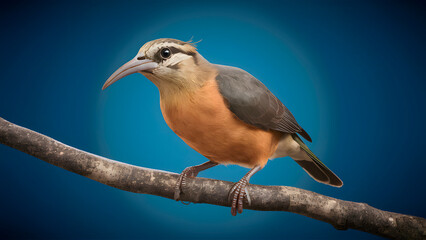 Obraz premium Lyrebird Perched on a Branch with Blue Background, Realistic Photo, Wallpaper, Cover and Screen for Smartphone, Cell Phone, Computer, Laptop