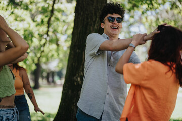 Group of friends messing each other's hair up, enjoying and laughing together in a park on a sunny...