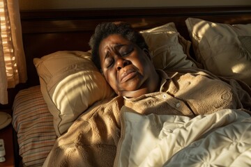 Fototapeta premium Overweight Black Woman Laying in Bed with a Distressed Expression.