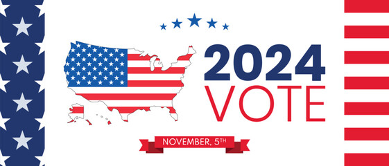 USA 2024 Presidential Election background with American flag colors design. Election event banner, card, poster, template, voting communication, background. Vote day, November 5. Vector illustration.