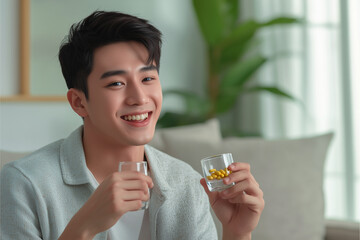 young man taking a small yellow capsule and holding a glass of water, a healthy lifestyle concept with a happy, smiling Asian girl eating pills, medicine, or food
