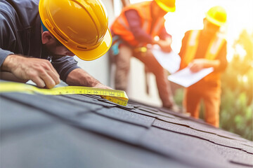 A professional engineer wearing a safety helmet and uniform is using a measuring tape to measure the roof of a house