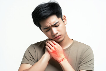 Young Asian man suffering from body pain, holding her arm with a red line on a white background.