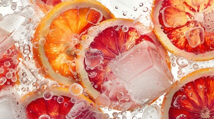 Fresh juicy red blood orange fruit slice closeup macro view with texture with ice cube