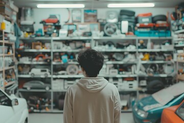 man stands among neatly organized clothing shelves in a garage turned shop