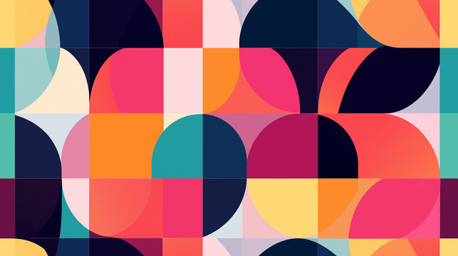Geometric abstract pattern featuring bold, overlapping circles and squares in vibrant colors such as red, orange, teal, and navy on a grid layout.
