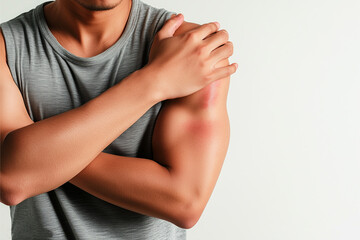 Young Asian man suffering from shoulder pain, holding her arm with a red line on a white background