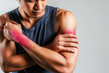 Young Asian man suffering from body pain, holding her arm with a red line on a white background.