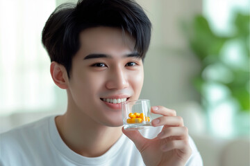 young man taking a small yellow capsule and holding a glass of water