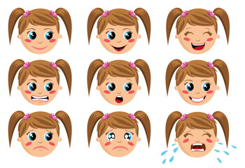 set of little cute girl faces and expressions vector isolated on white