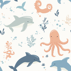 Fototapeta premium Playful ocean animals like dolphins and octopuses in a soft, pastel-colored pattern. A fun and light-hearted design suitable for children’s themes.