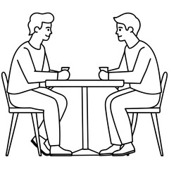 Two men are sitting at a table line art vector