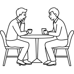 Two men are sitting at a table line art vector